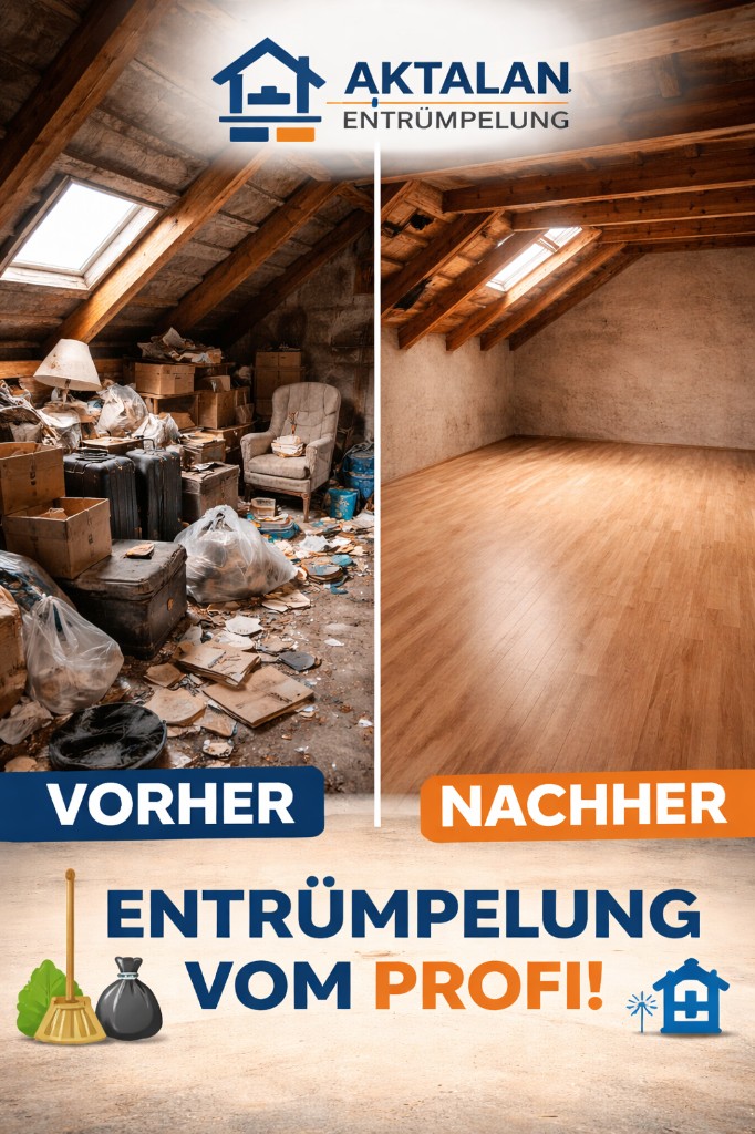 Vorher und Nachher: entrümpelter Dachboden – voller Einlagerung und danach leer und sauber